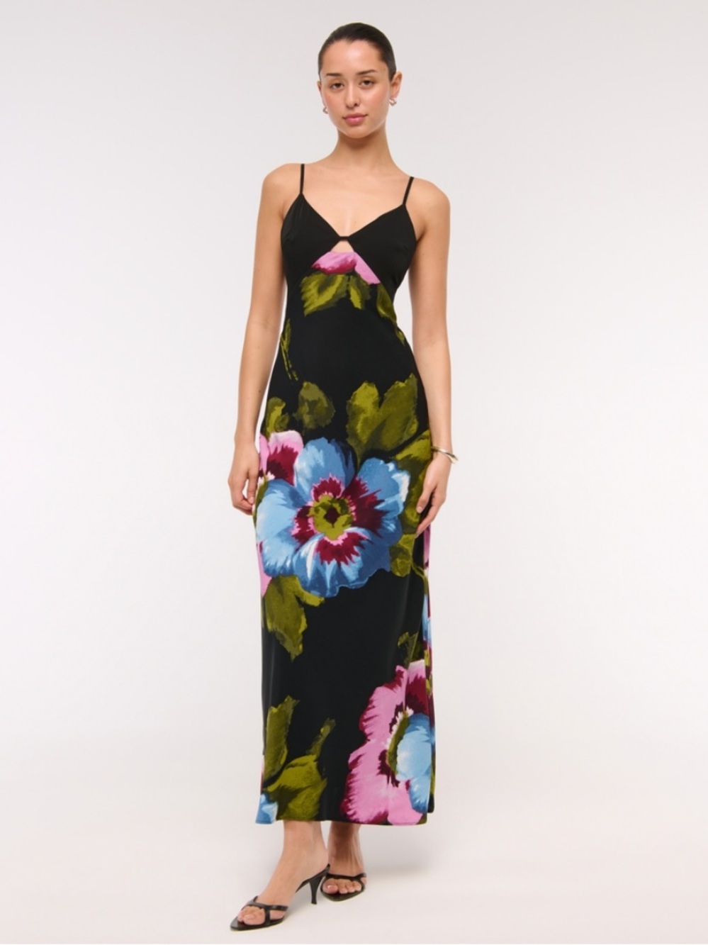 Abercrombie & Fitch Black Floral Slip Maxi Dress with Pink & Blue Blooms